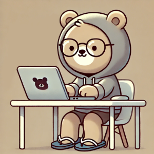 Cute bear sitting at a laptop programming